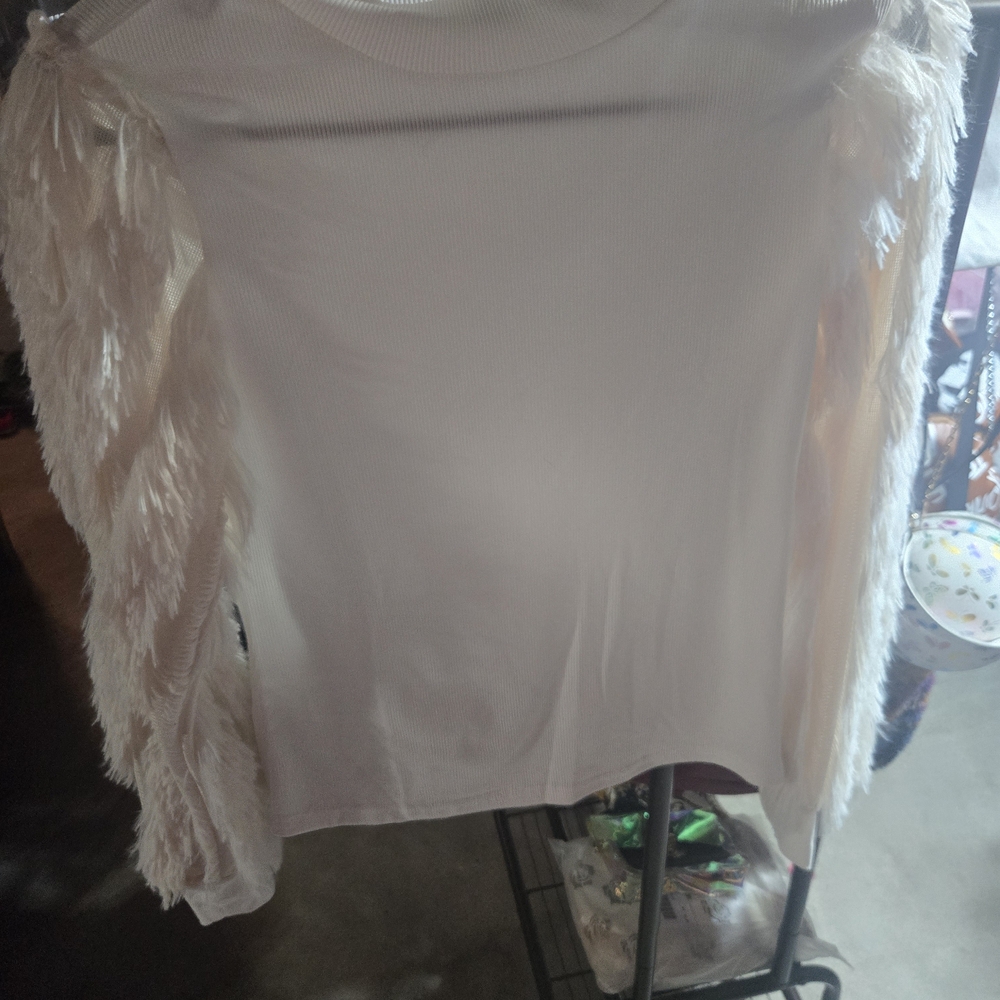 White Top with Feathered Sleeves
